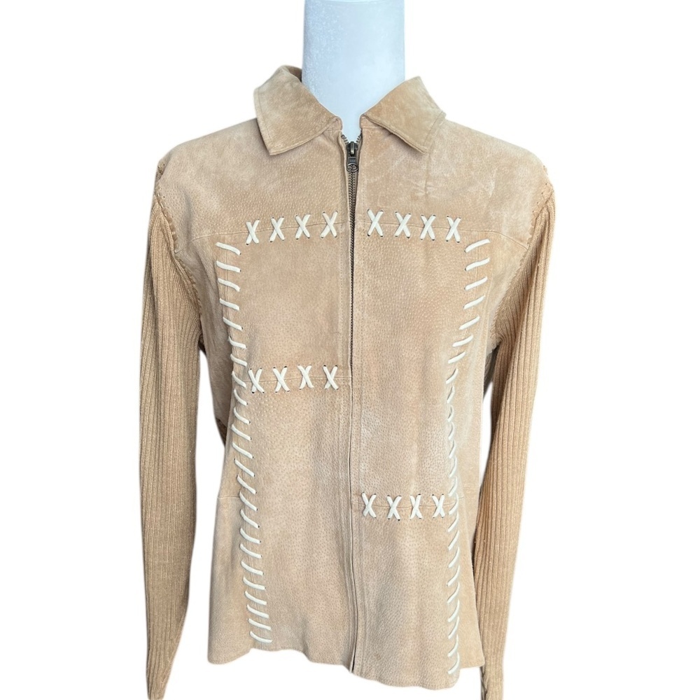 Vintage Stitch-Front Tan Suede Leather Jacket 90's Large